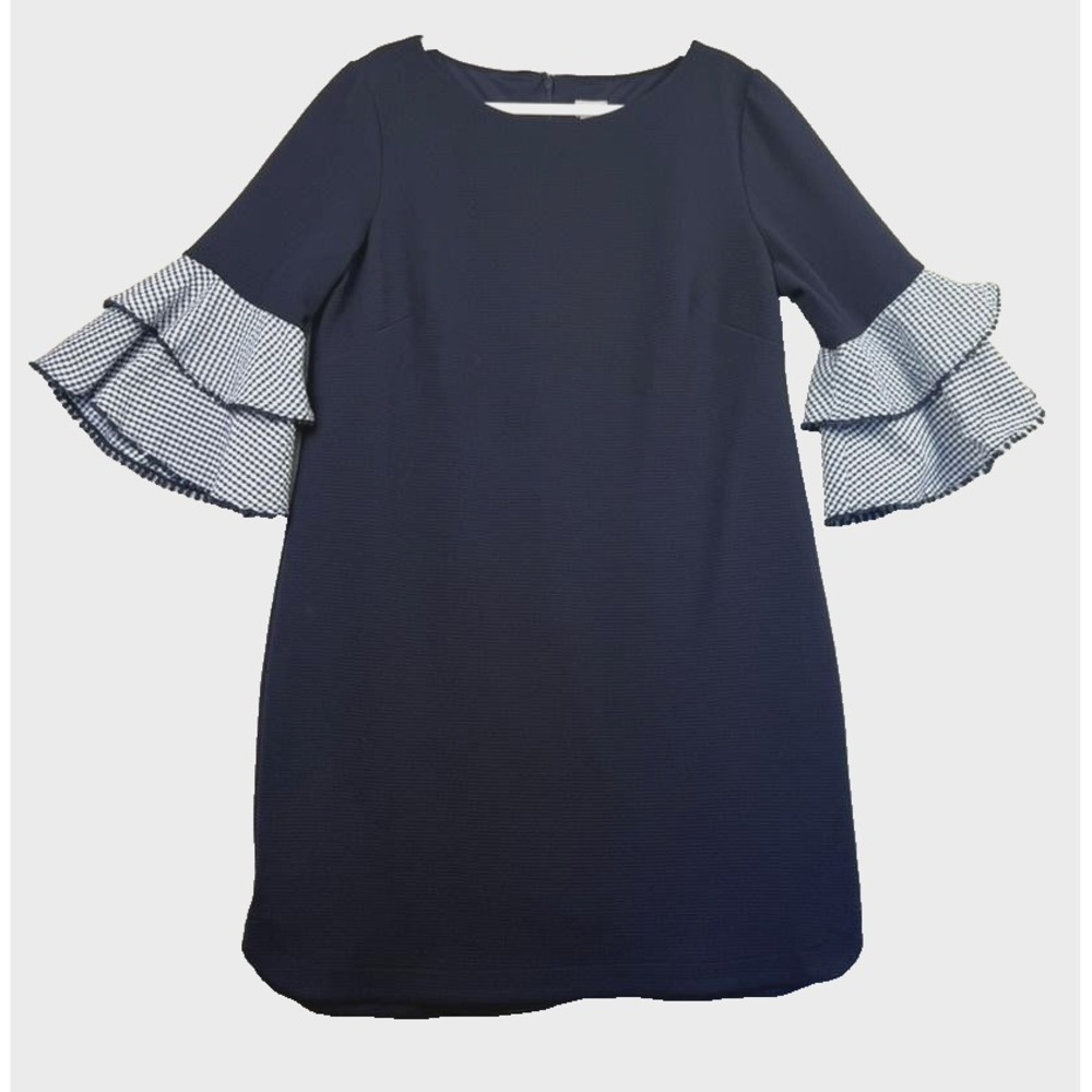 Chico's Dress Womens 16 Navy‎ Shift Textured Ruffle Bell Sleeves Gingham Trim